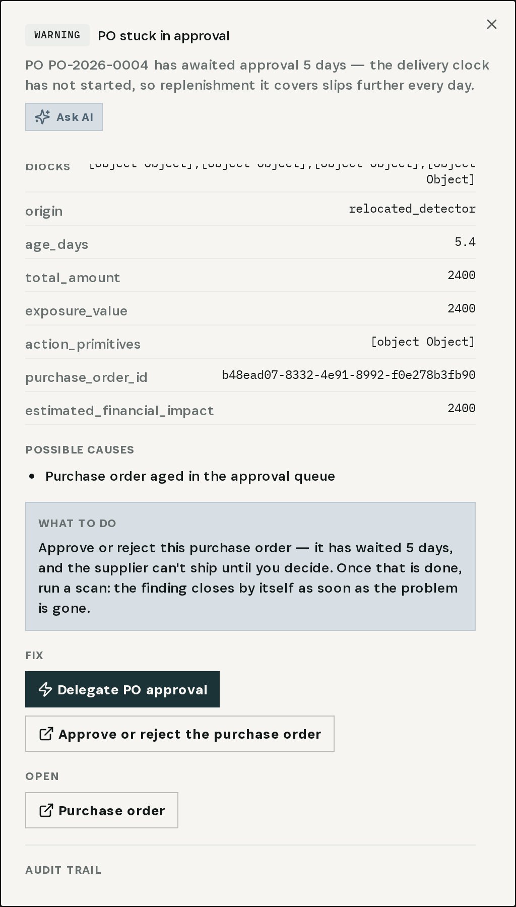 The finding: PO-2026-0004 has awaited approval 5 days