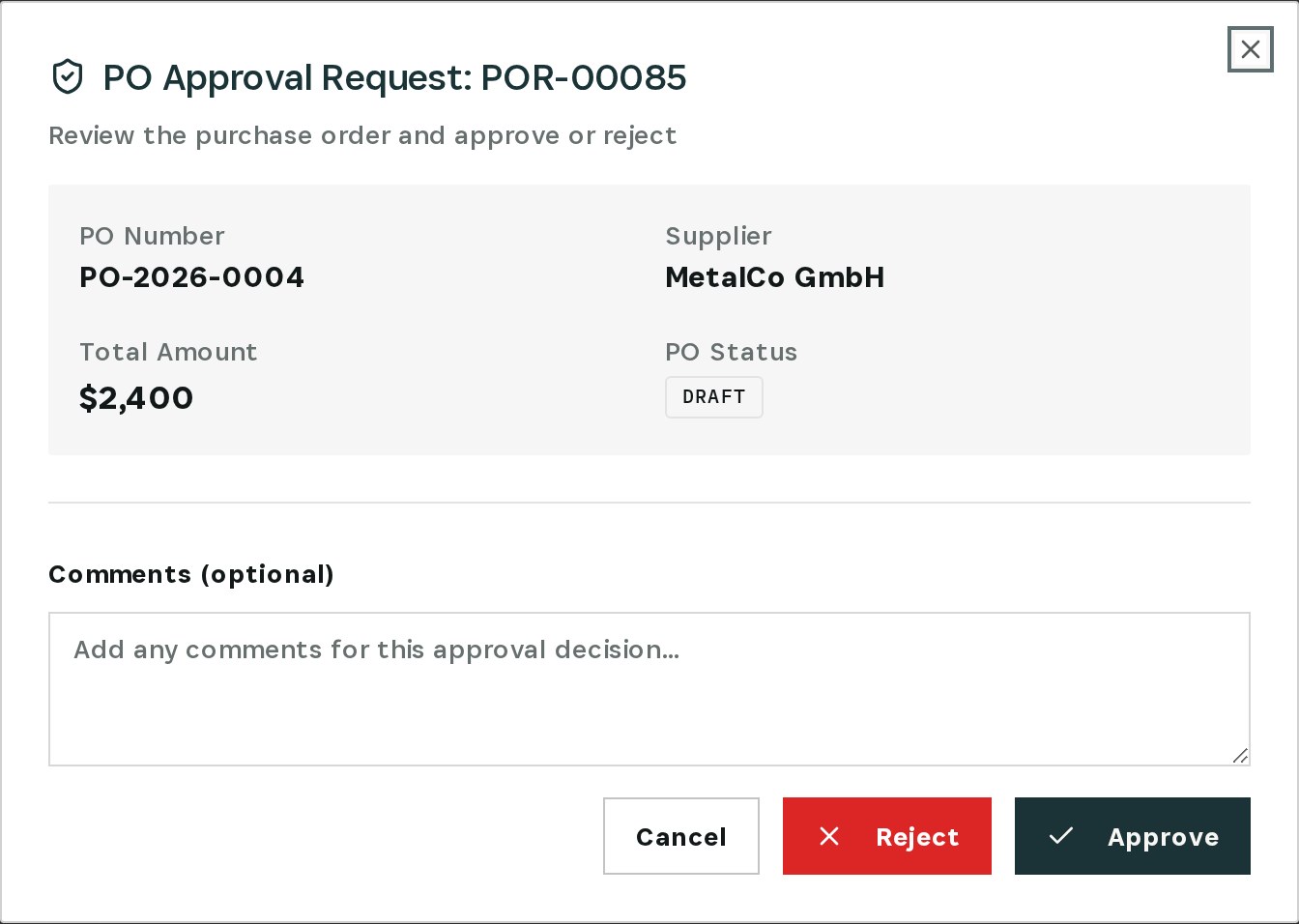Review: PO number, supplier, total, status, comments, approve or reject