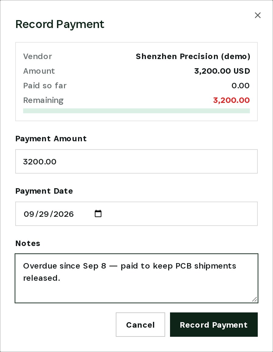 Recording the payment to Shenzhen Precision: amount, date and notes