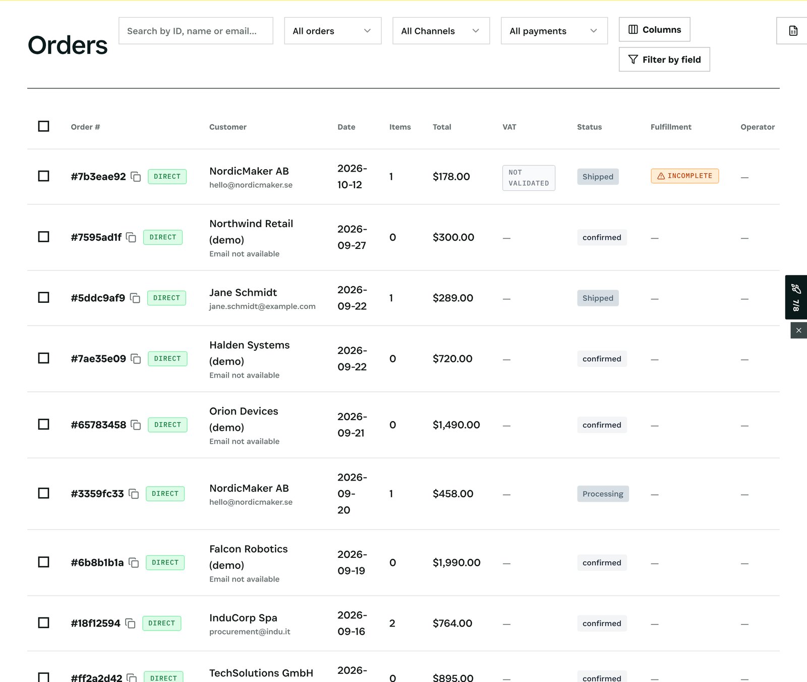 Orders from every channel, with VAT, fulfilment, payment, returns and refunds