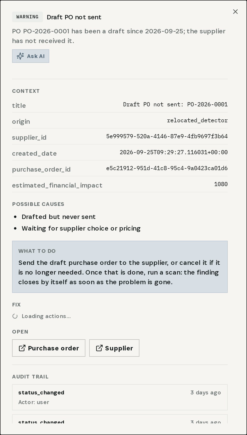 The finding: a draft since late September, never received by the supplier
