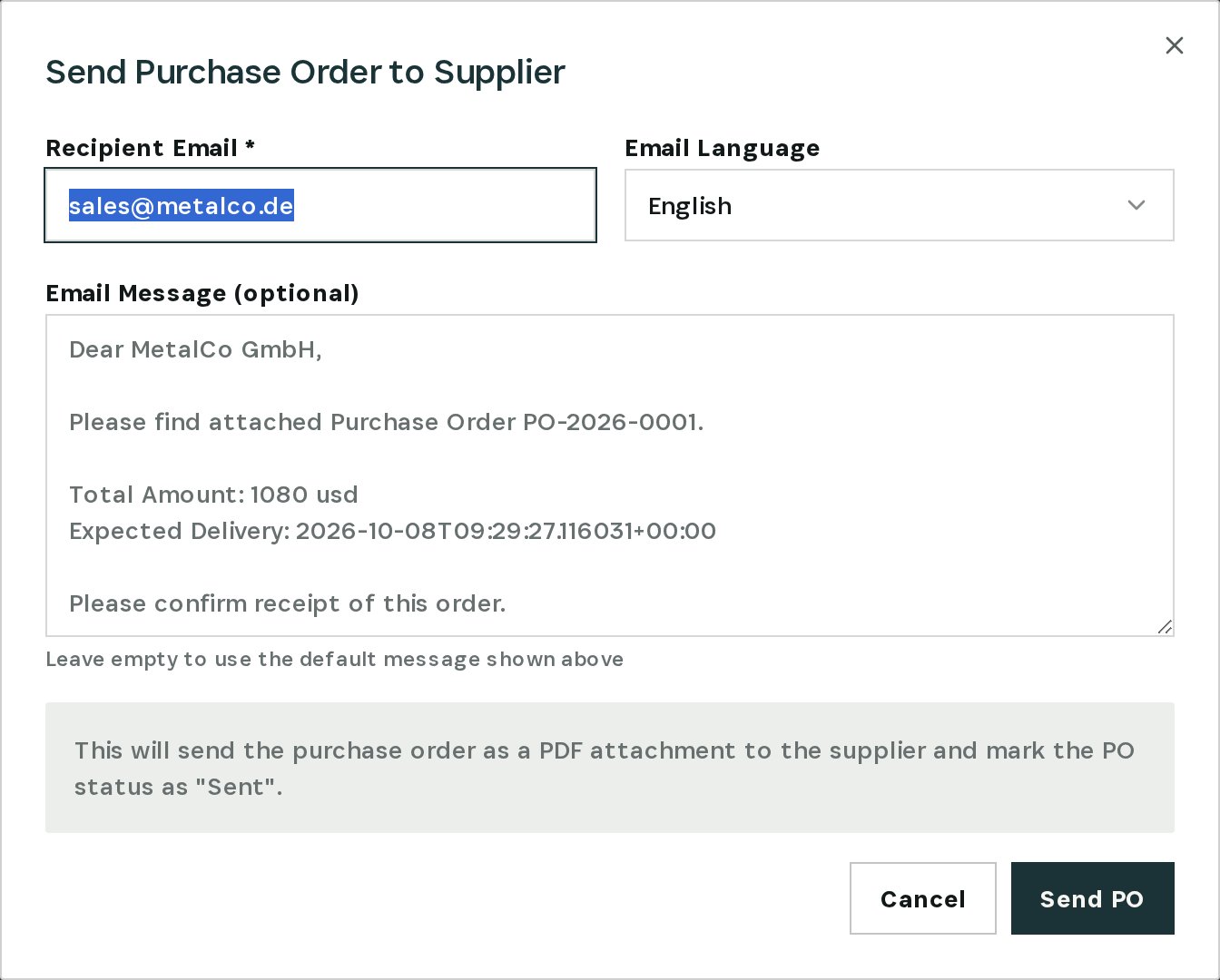 Send Purchase Order to Supplier: recipient, language, message