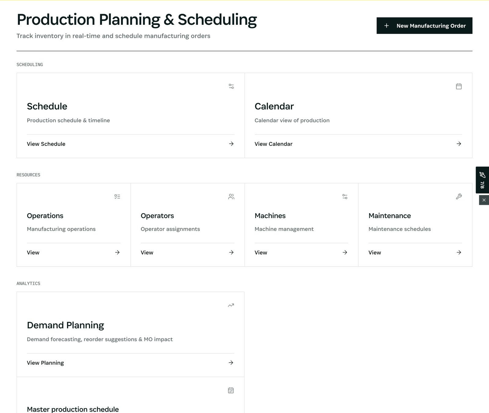 Planning: schedule, calendar, operations, operators, machines, maintenance and demand planning