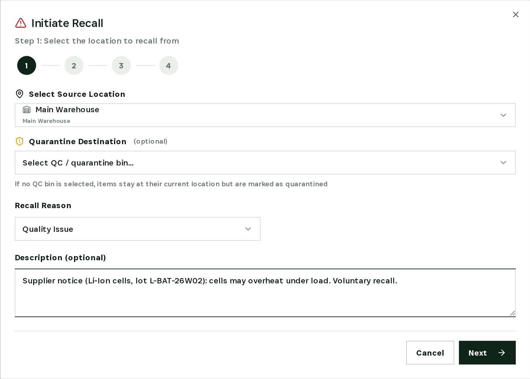Step 1 of the recall: location, reason and the supplier's notice