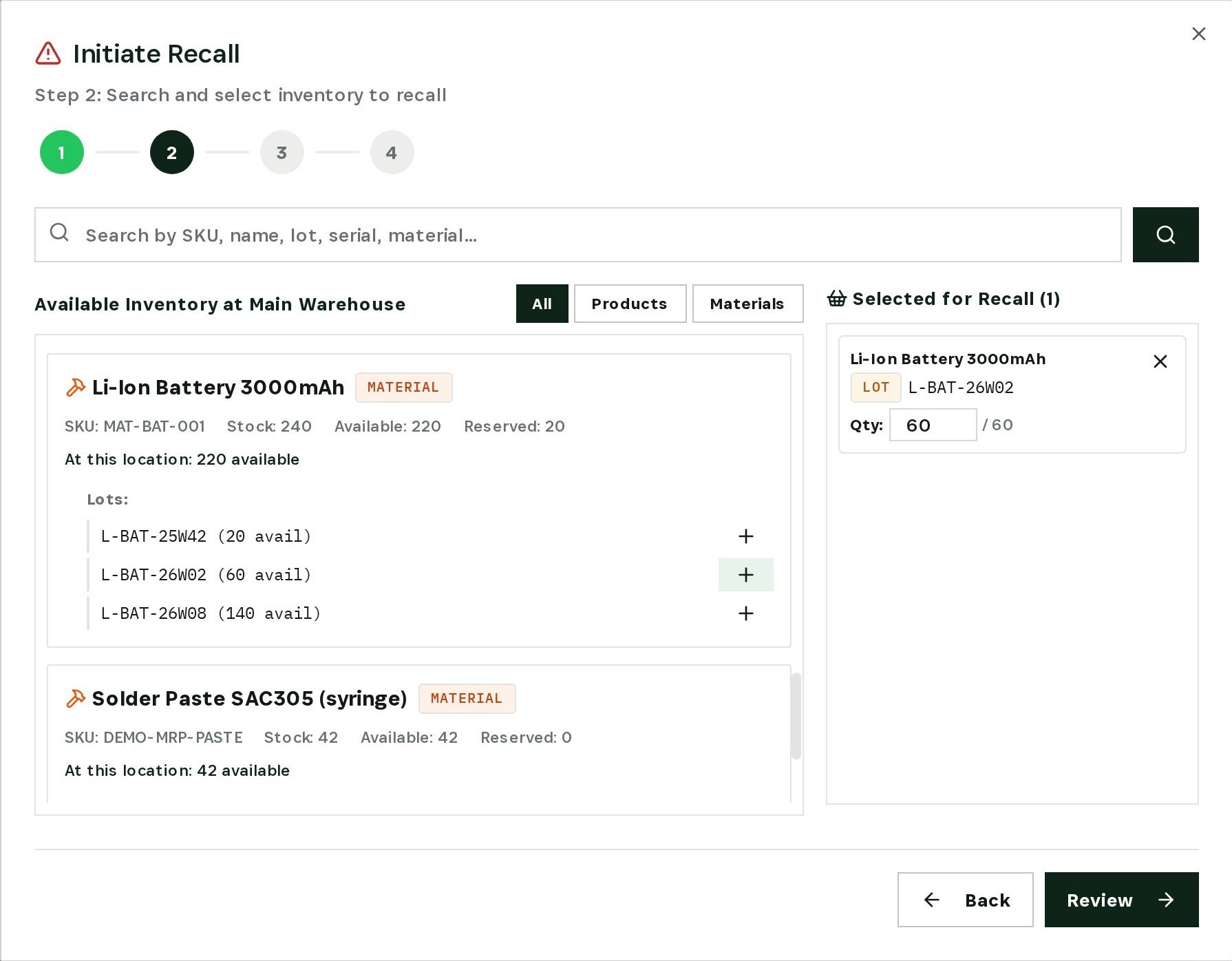Selecting lot L-BAT-26W02 of Li-Ion Battery 3000mAh for recall
