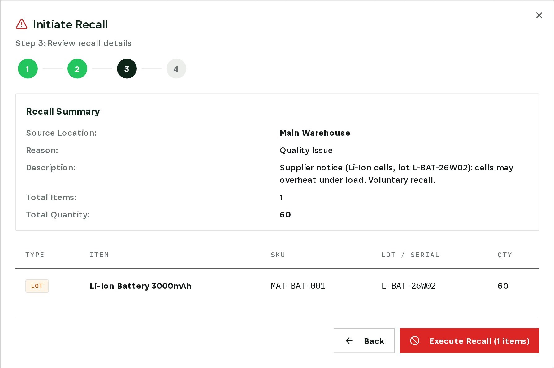 The recall summary: Main Warehouse, one lot, 60 units