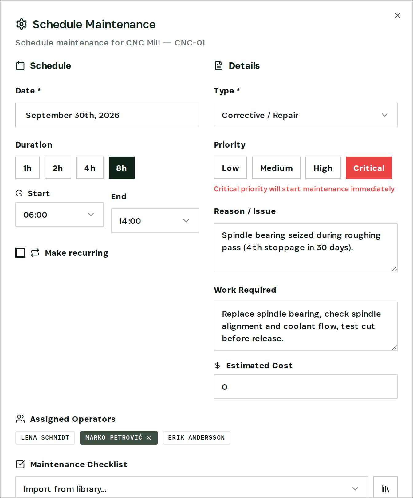 Schedule the repair