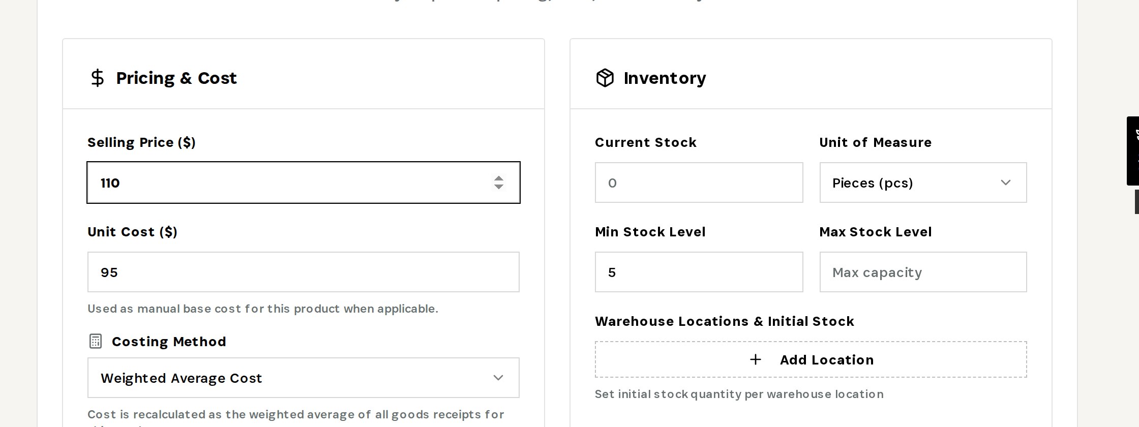 Pricing & Cost: the new selling price and the resulting profit margin