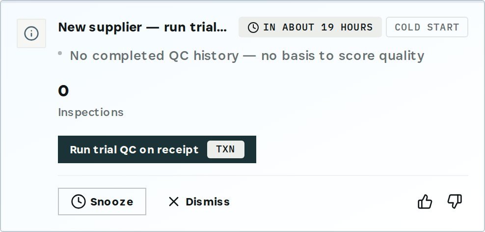 The card: a new supplier with no QC history and a trial-QC button