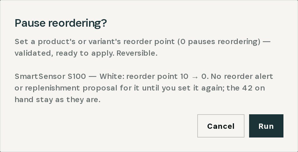 The preview: reorder point 10 → 0 for the white variant