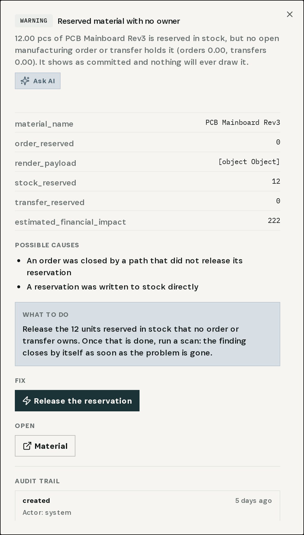 The finding: stock reserved 12, order reserved 0, transfer reserved 0