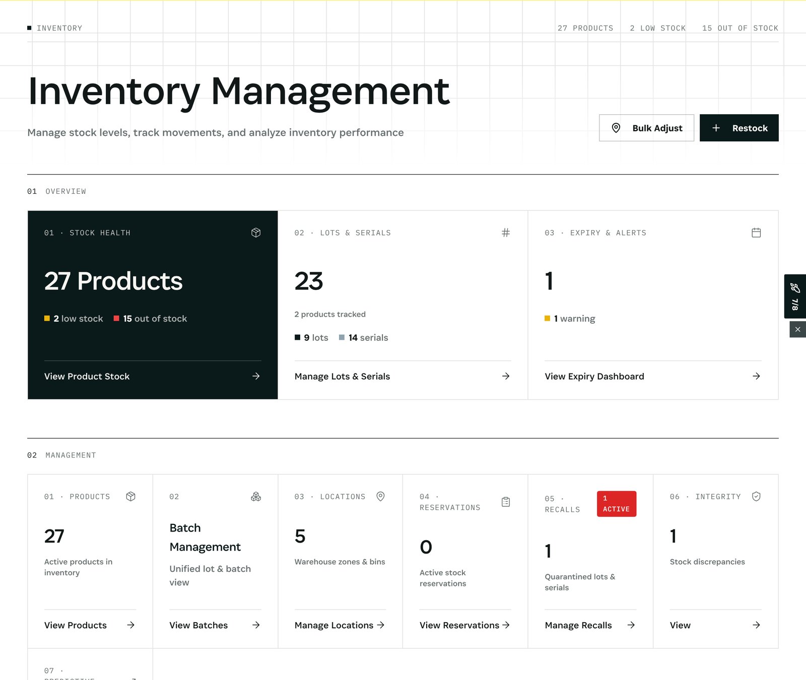 Inventory: stock health, lots and serials, expiry, locations, reservations, recalls and integrity in one view