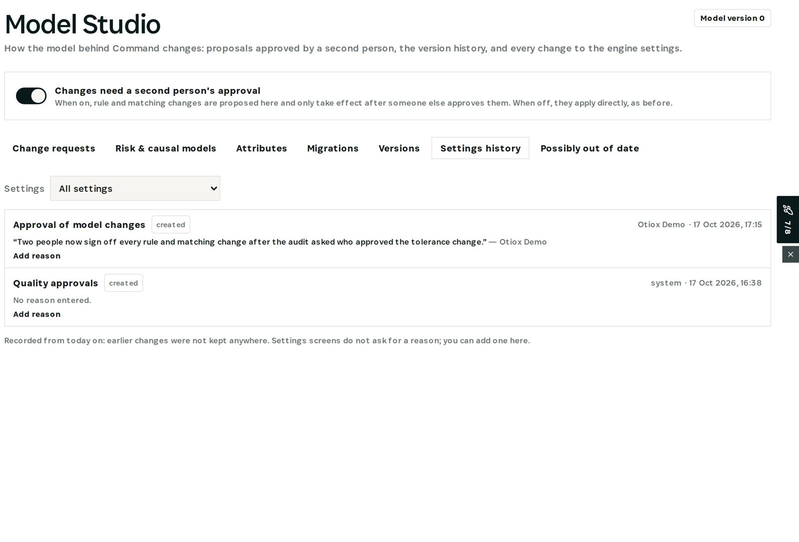 Settings history with reasons