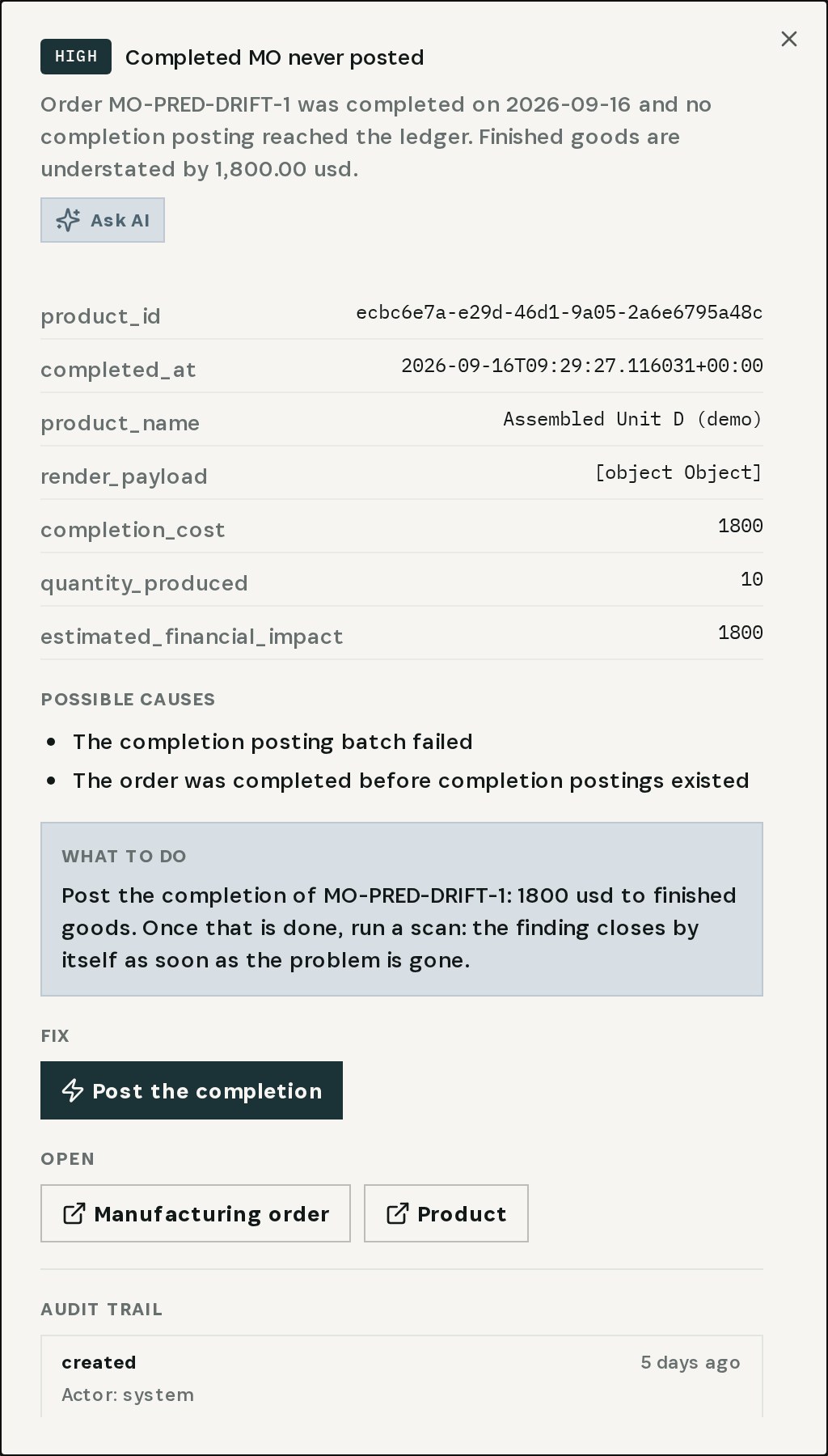 The finding: quantity produced, completion cost, possible causes, what to do and the fix