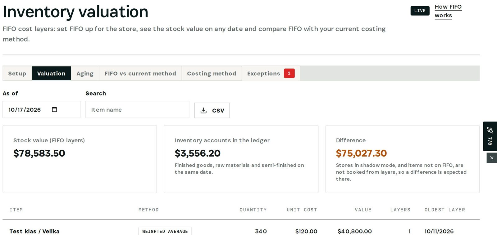 Valuation as of a date: FIFO stock value next to the inventory accounts